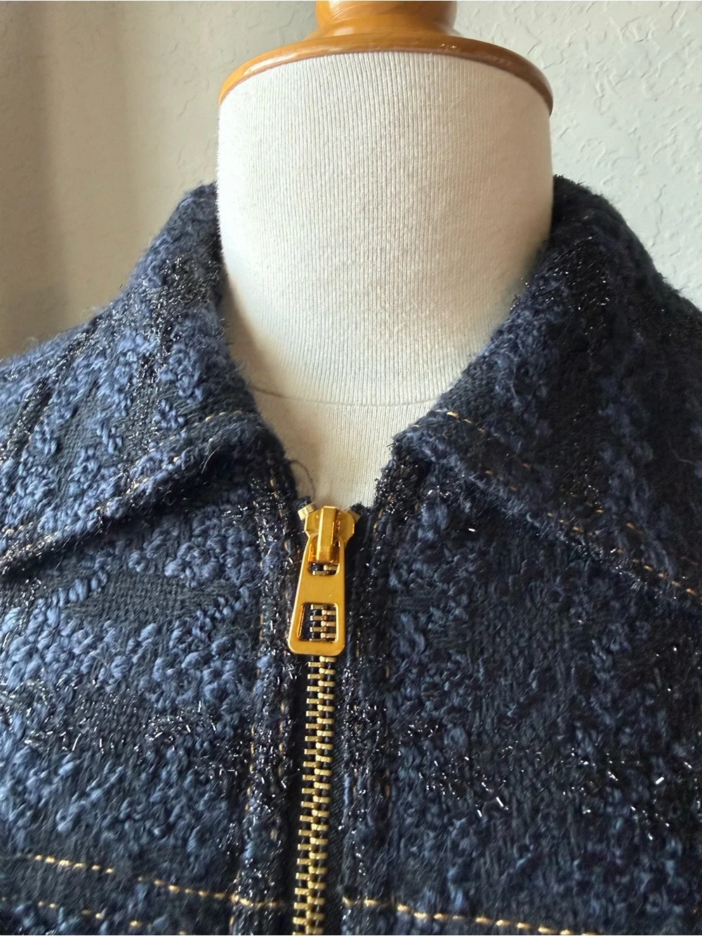 Tory Burch Black Bouclé Zip-Front Jacket with Gold Zip